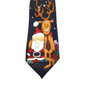 Christmas Santa Reindeer Tie 58" Black Graphics Poly Yule Tie Greetings Hallmark
